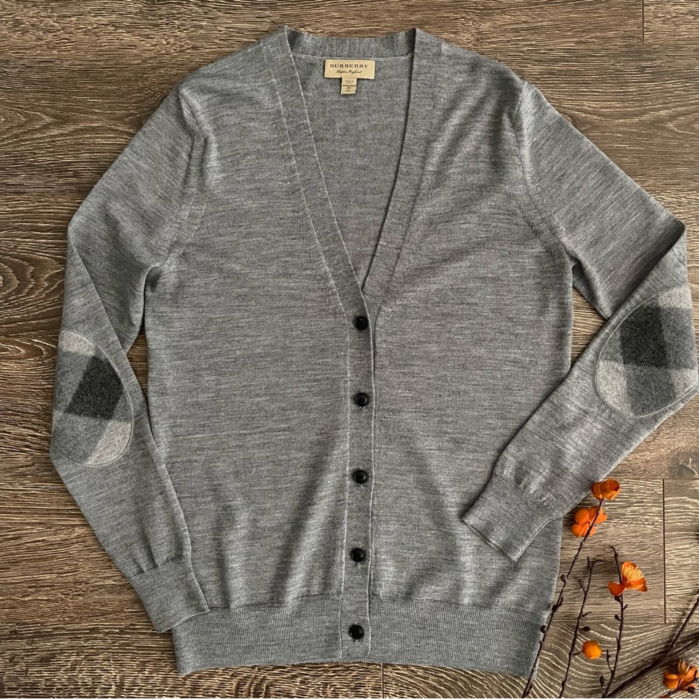Burberry Check Detail Merino Wool Cardigan in Mid Grey Melange